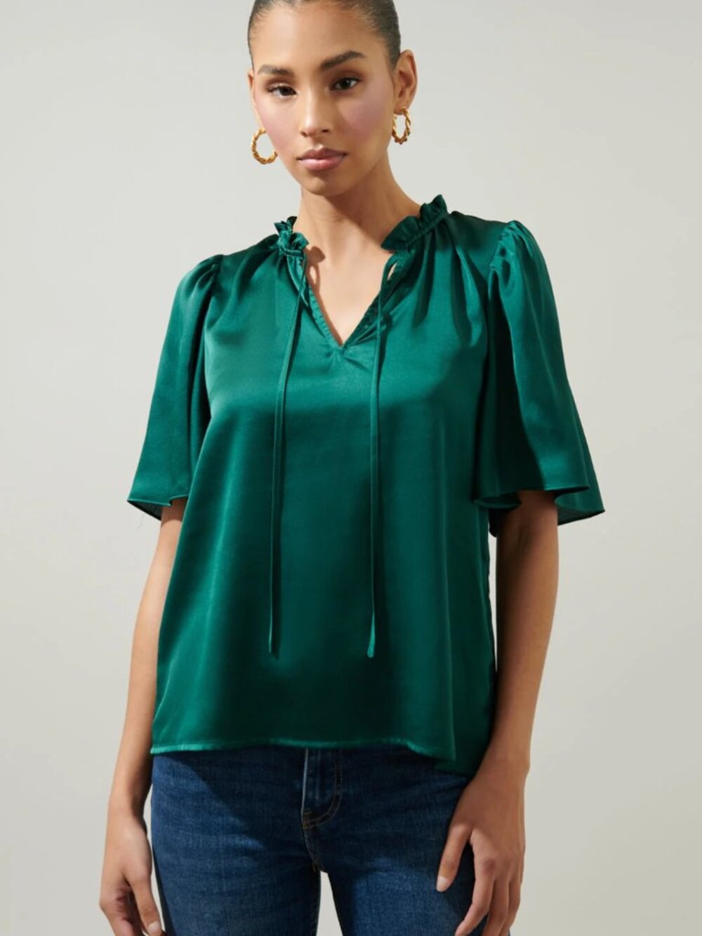 Sugarlips Remi Satin Tie Neck Flutter Sleeve Blouse Emerald Green Women's Size S